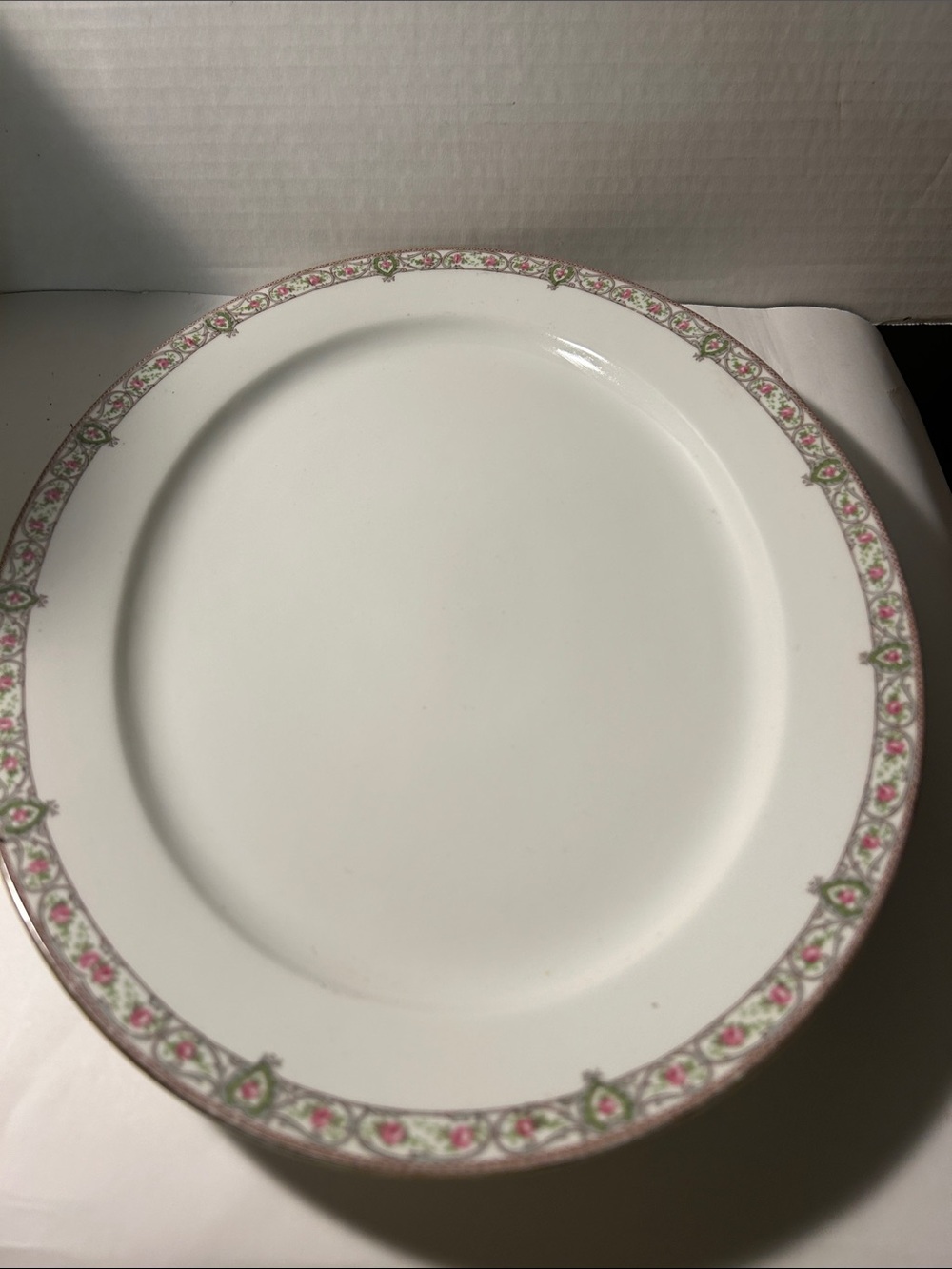 White Dinner Plate with Pink and Green Floral Border Limoges France